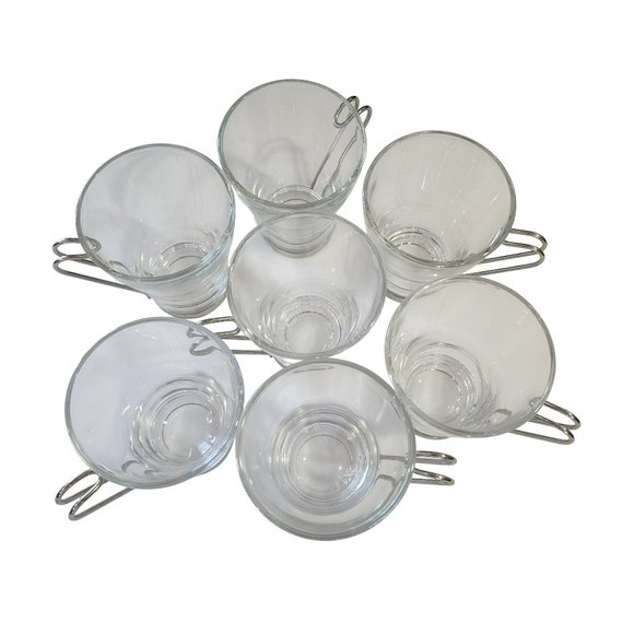 Vintage Clear Glass Cappuccino Expresso Tea Cup Coffee Mug Set of 7 Metal Handle - Picture 5 of 16